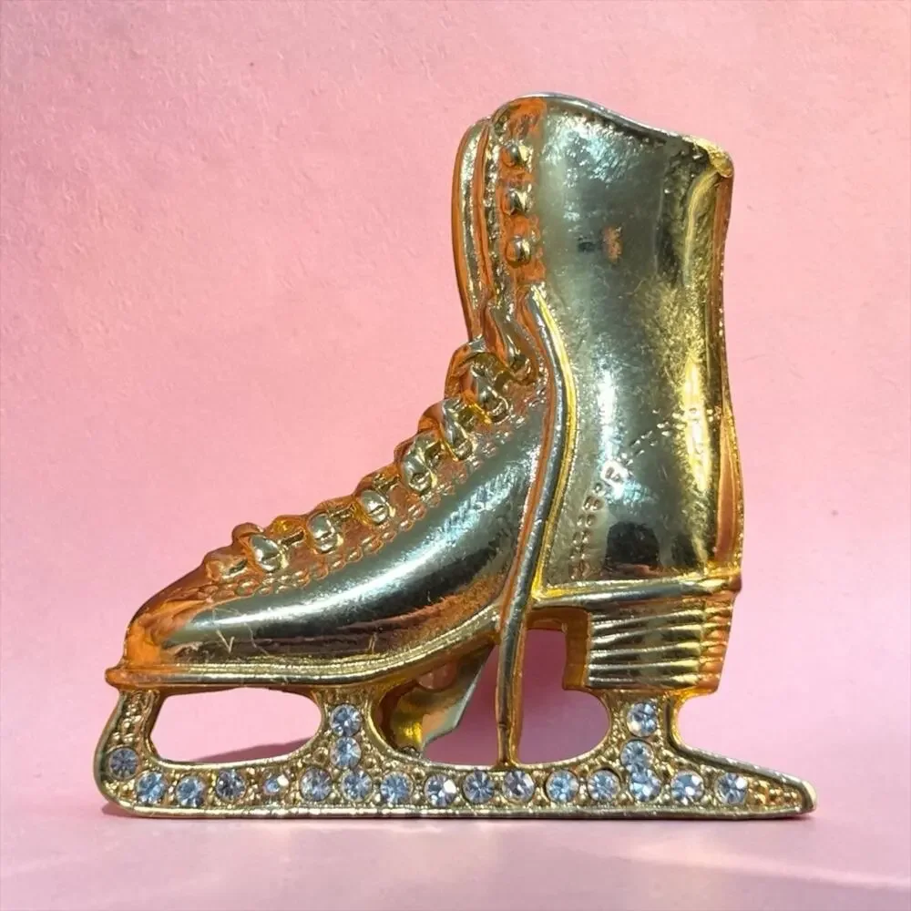 Gold Ice Skate Rhinestone Brooch Winter Olympics Holiday Vintage Pin
